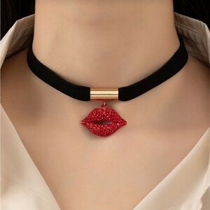 Red t Rhinestone Lip Pendant Choker Necklace
